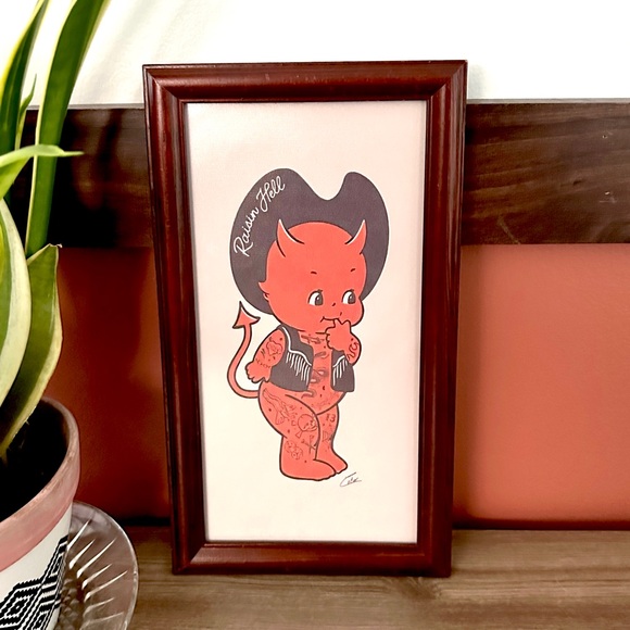 Kewpie Cowboy Devil Tattooed Western Devil Canvas Print Wood Framed Wall Art - Picture 1 of 8